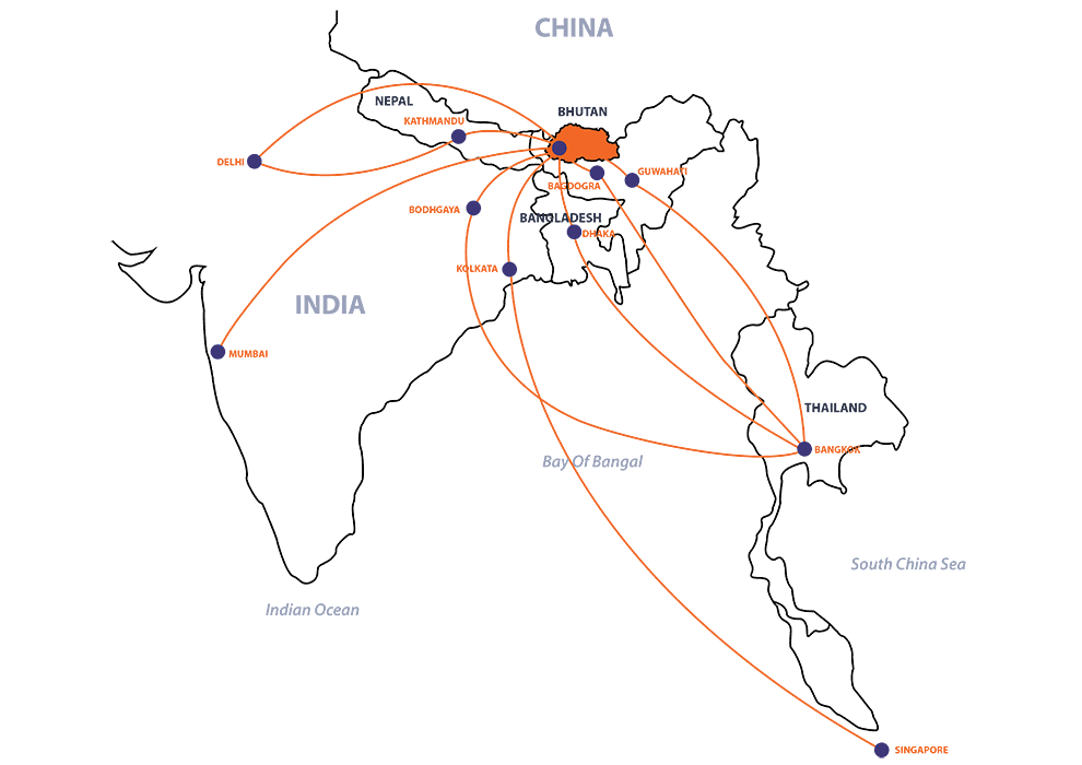 Map of international flights into Paro, Bhutan from Delhi, Mumbai, Kathmandu, Bodhgaya, Kolkata, Bagdogra, Guwahati, Dhaka, Bangkok and Singapore.