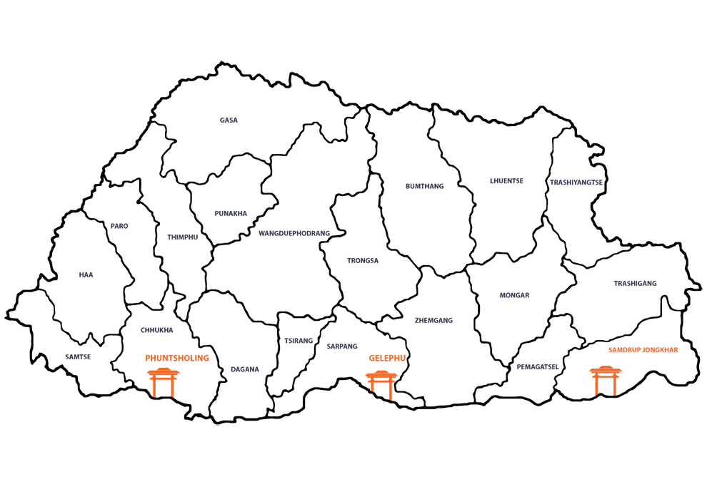 Map of Bhutan’s land border gates at Phuentsholing, Gelephu and Samdrup Jongkhar.