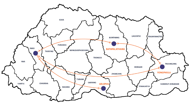 Map of domestic flights within Bhutan: from Paro to Bathpalathang (Bumthang), Yongphula (Trashigang) and Gelephu.